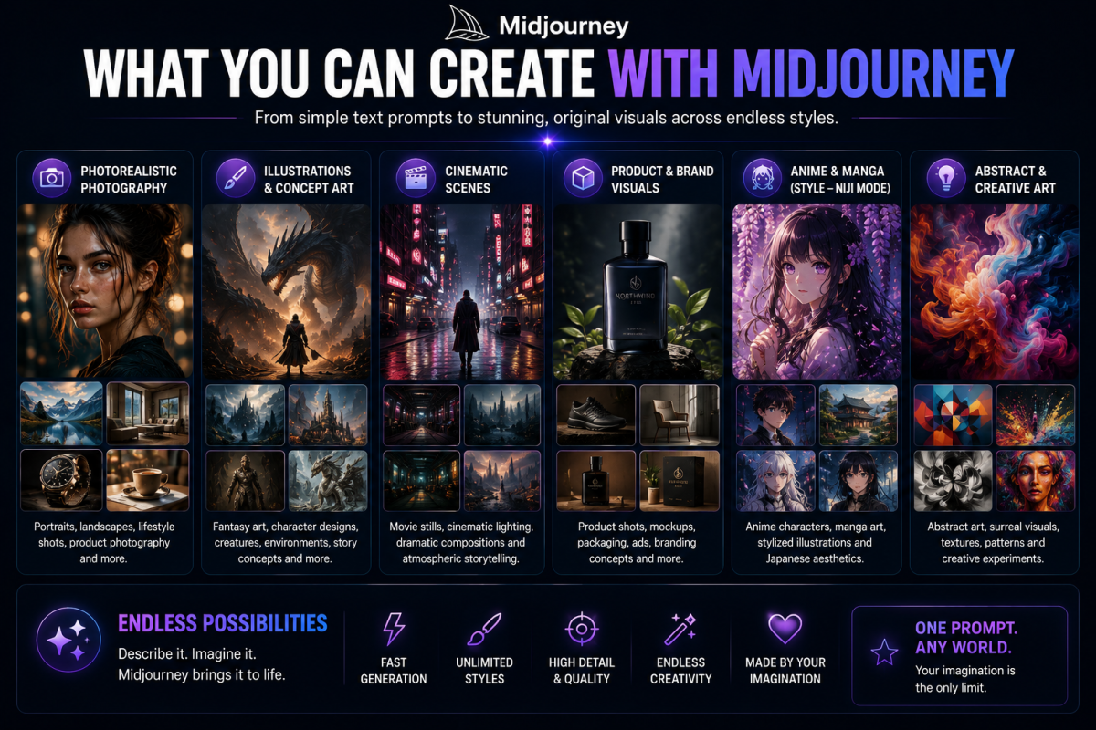 A cinematic showcase collage displaying the different types of visuals Midjourney can generate including photorealistic portraits, concept art, anime, branding visuals, cinematic scenes, and abstract artwork.