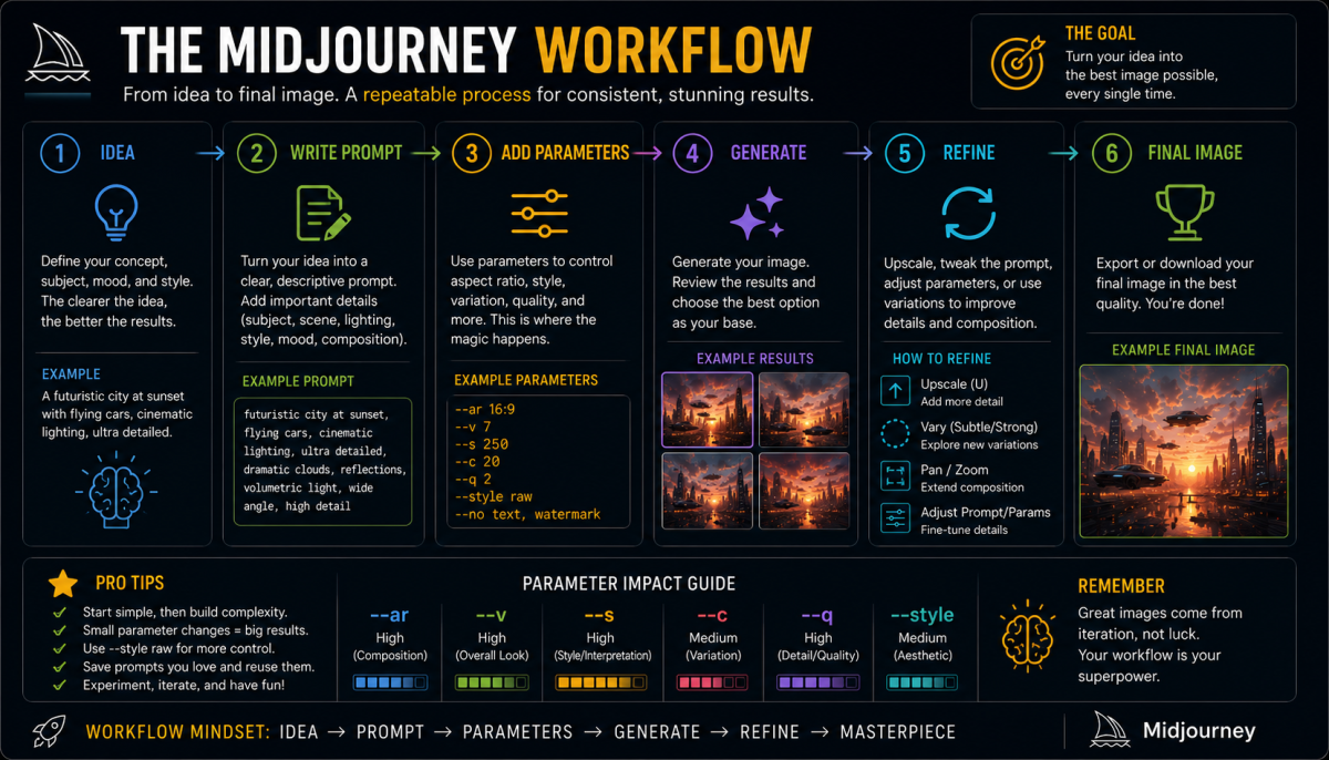 Midjourney workflow infographic showing the complete process from idea creation and prompt writing to parameters, image generation, refinement, and final output.
