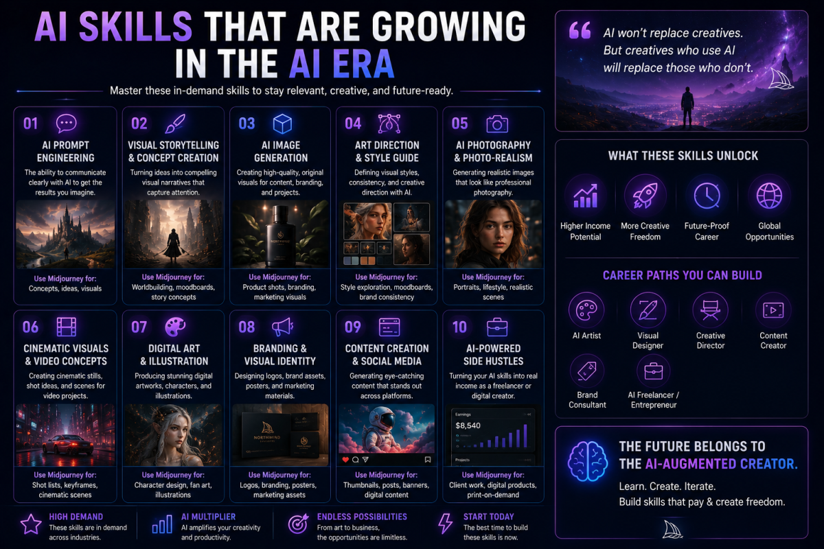A futuristic infographic showing high-demand AI creative skills including prompt engineering, visual storytelling, AI image generation, branding, cinematic visuals, and AI-powered content creation.