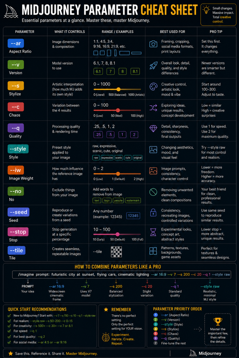 Midjourney parameter cheat sheet infographic showing aspect ratio, stylize, chaos, quality, version, no, seed, tile, and style settings with explanations and recommended values.