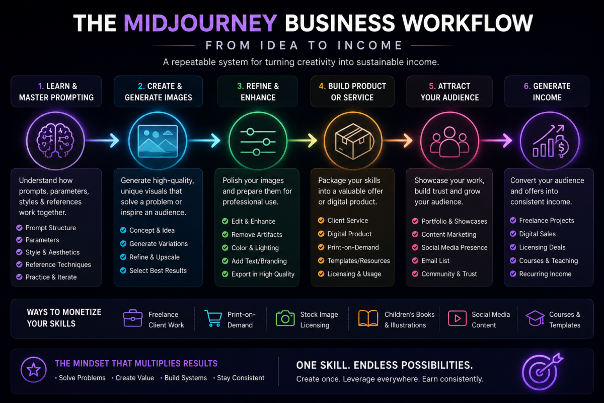 Workflow infographic showing how Midjourney skills become income through prompting, image creation, refinement, digital products, audience building, and monetization.