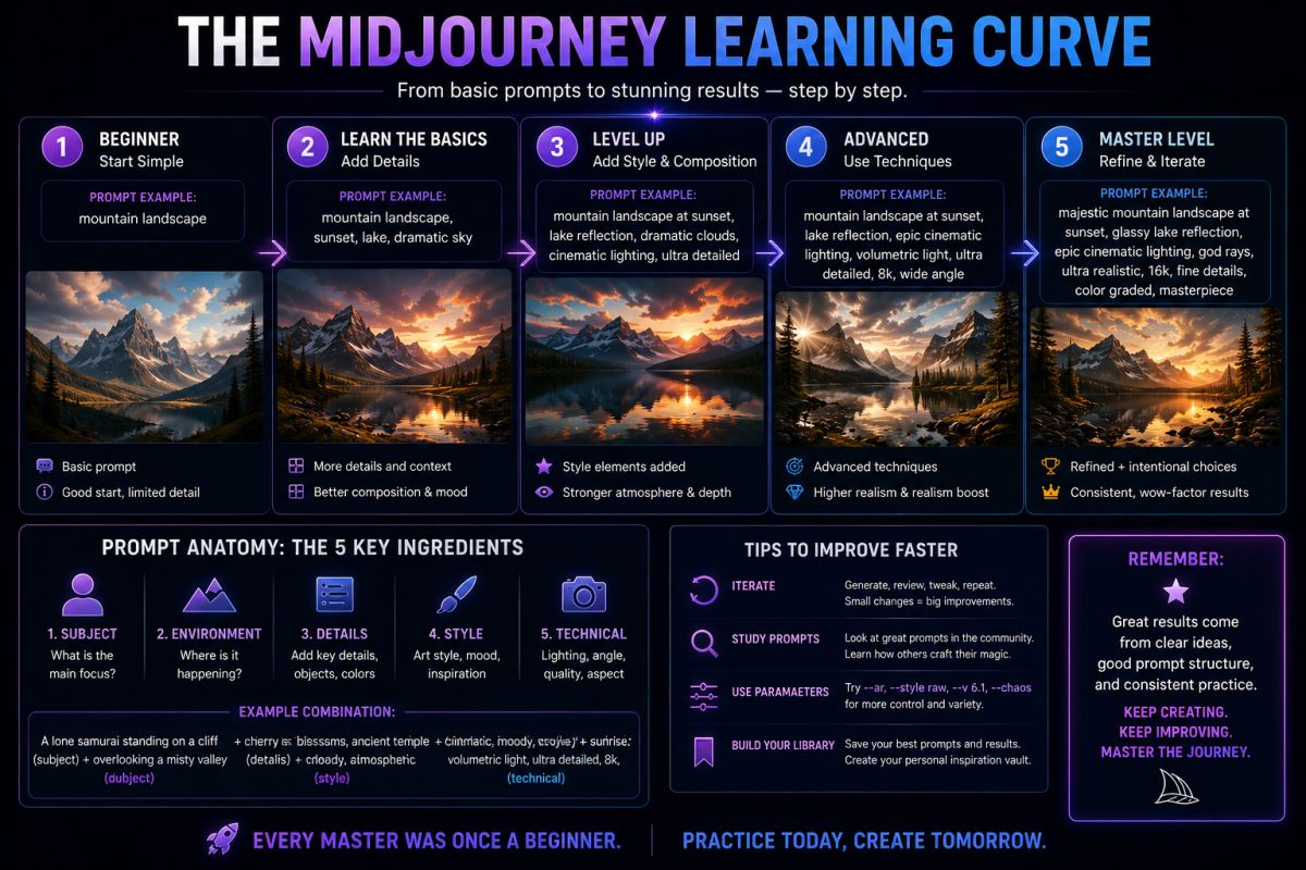 A step-by-step infographic showing the Midjourney learning journey from beginner prompts to advanced cinematic AI image generation techniques.