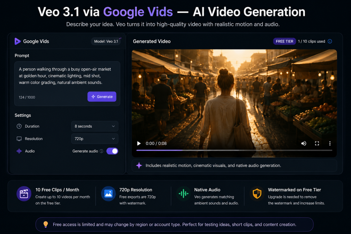Veo 3.1 via Google Vids AI video generation interface showing cinematic text-to-video creation and free tier limits