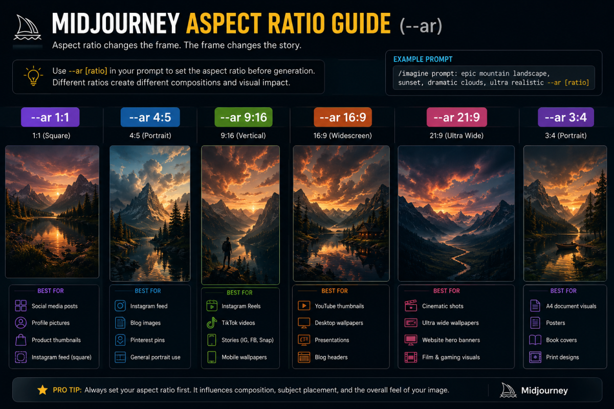 Midjourney aspect ratio guide showing 1:1, 4:5, 9:16, 16:9, 21:9, and 3:4 formats with visual examples and recommended use cases.