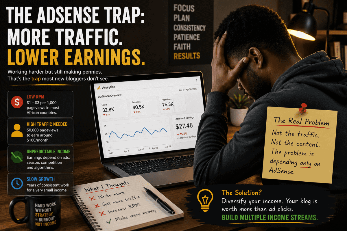 Stressed blogger looking at low AdSense earnings dashboard showing why depending only on ads limits blog income growth