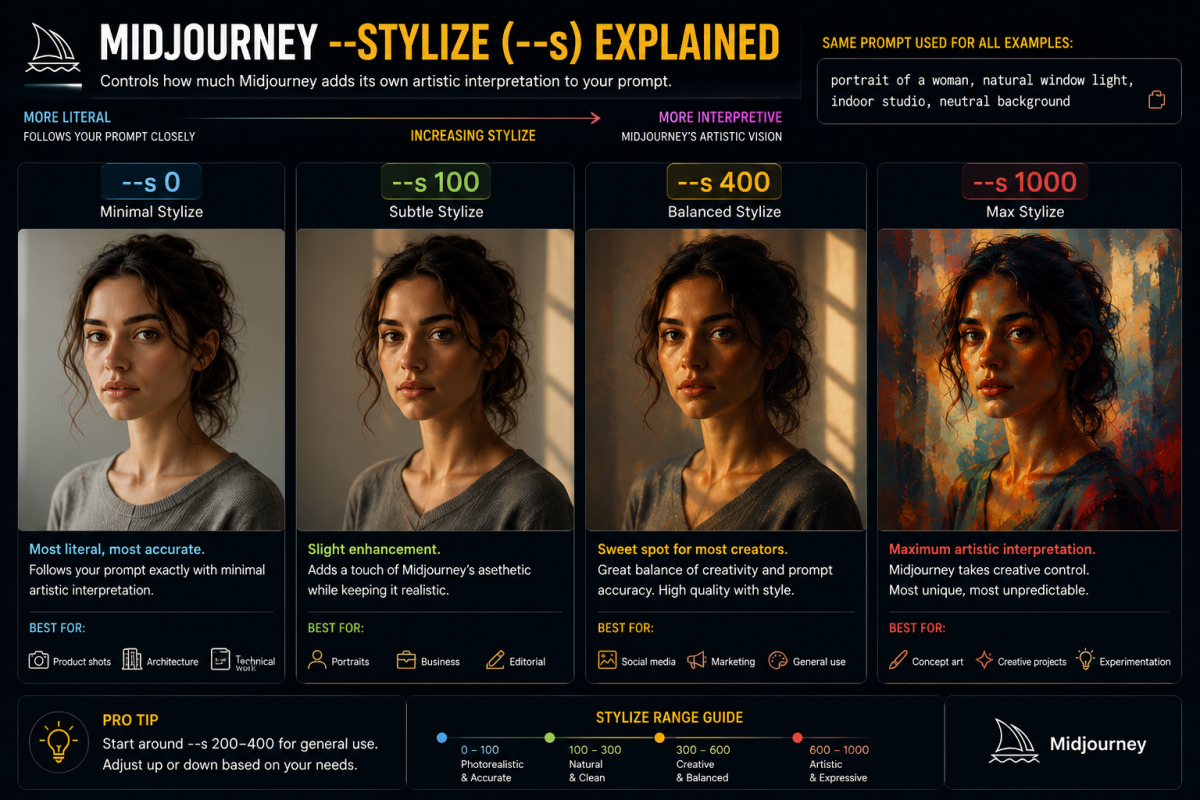 Midjourney stylize parameter comparison showing how --s 0, --s 100, --s 400, and --s 1000 affect artistic interpretation and image style.