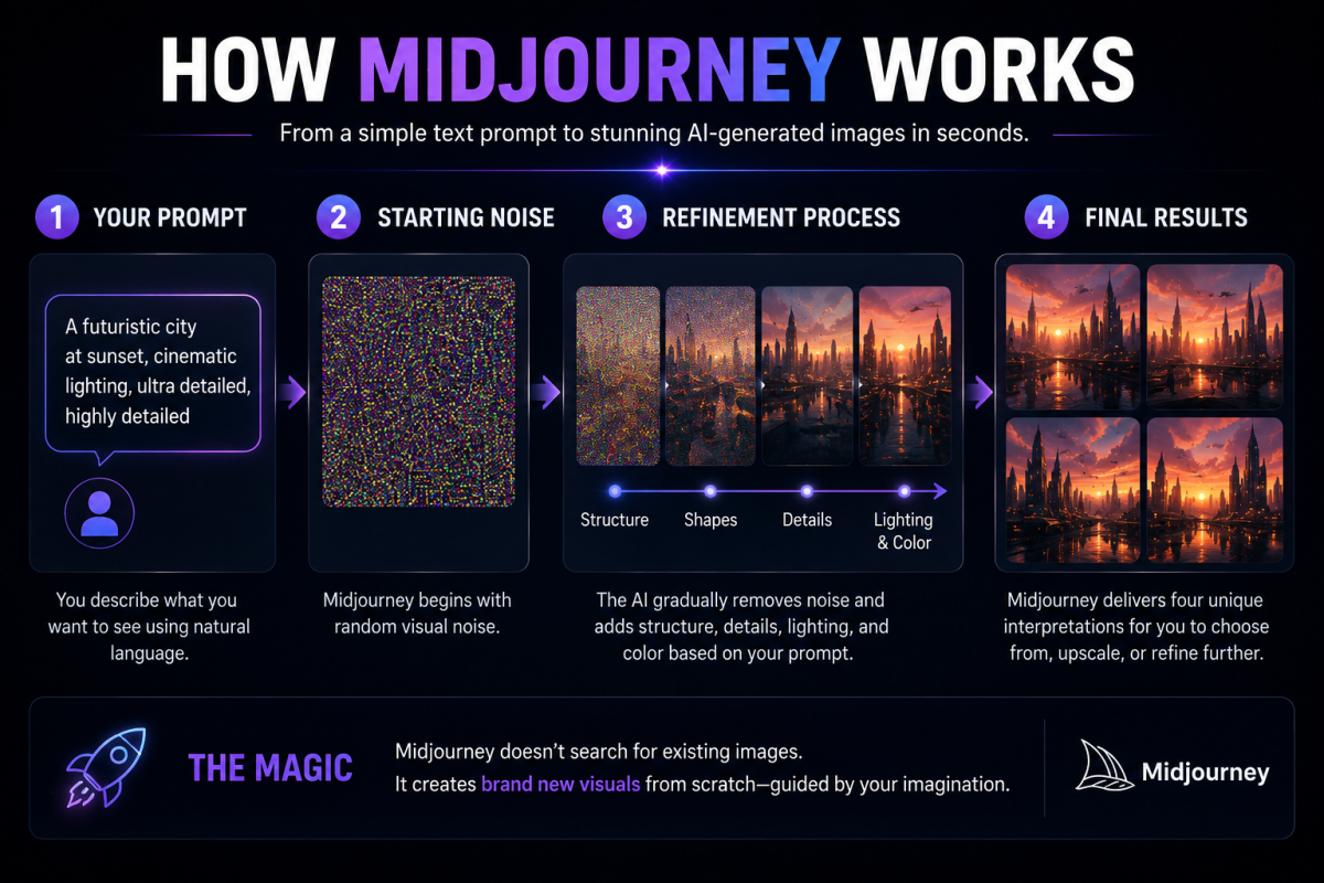 A step-by-step infographic showing how Midjourney transforms a text prompt into AI-generated images through a diffusion process.