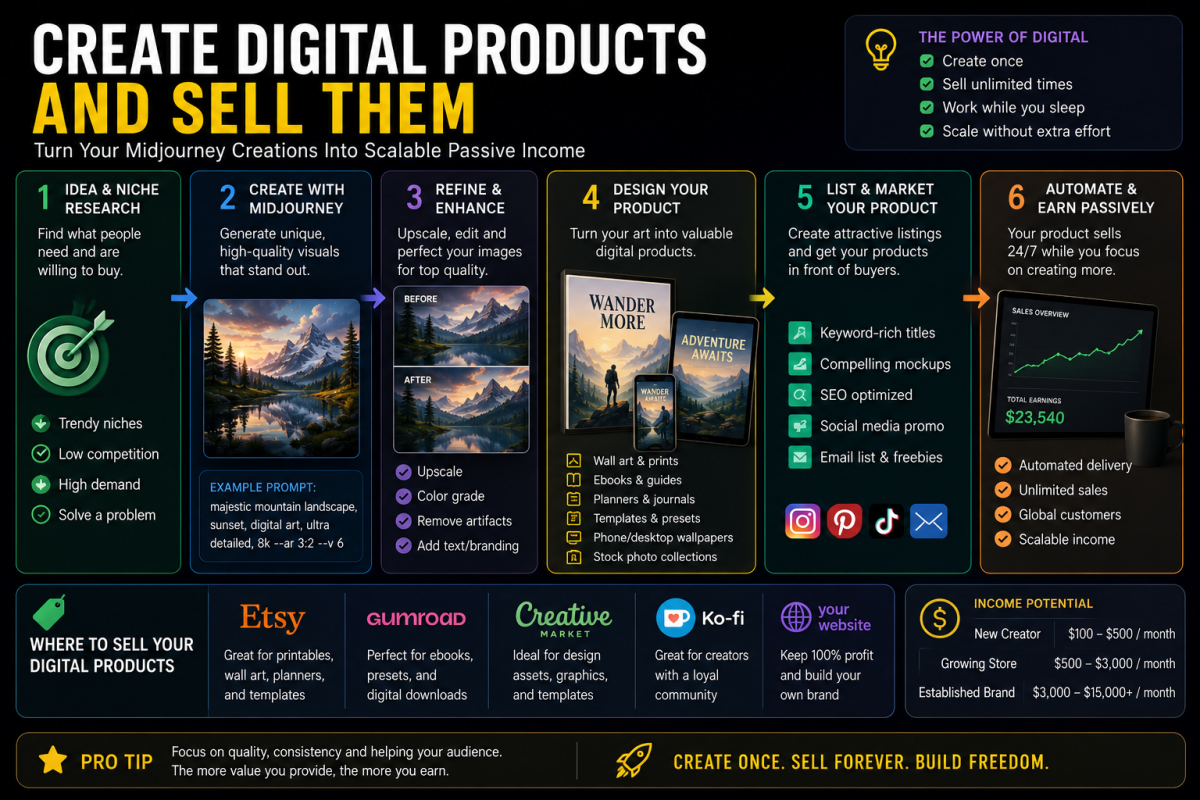 Infographic showing how Midjourney digital products become passive income through Etsy, Gumroad, Creative Market, templates, printables, stock graphics, and automated online sales.
