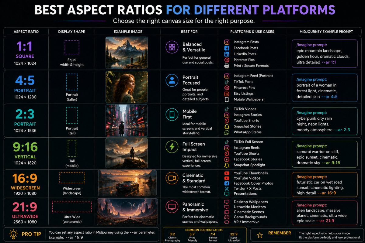 Infographic showing the best Midjourney aspect ratios for Instagram, TikTok, YouTube, Pinterest, wallpapers, and cinematic scenes with visual examples.