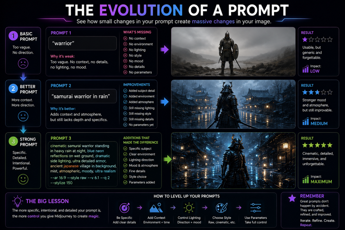 Infographic showing how Midjourney prompts evolve from vague prompts to cinematic detailed prompts with side-by-side image quality improvements.