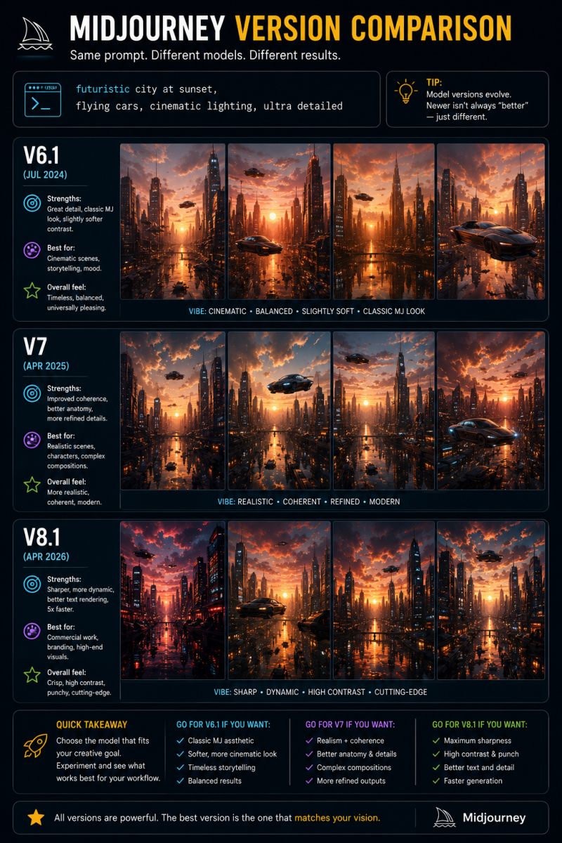 Midjourney version comparison infographic showing visual differences between V6.1, V7, and V8.1 using the same futuristic city prompt.