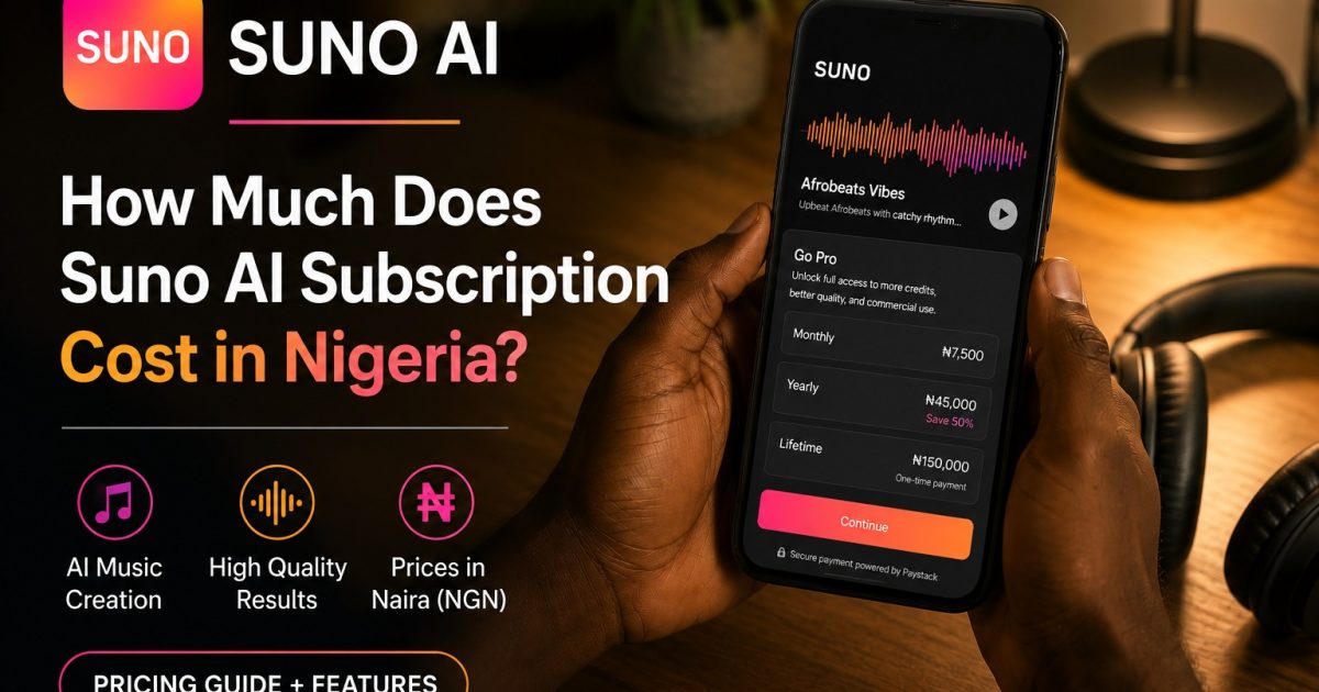 A Nigerian creator checking Suno AI music subscription pricing through the Play Store app