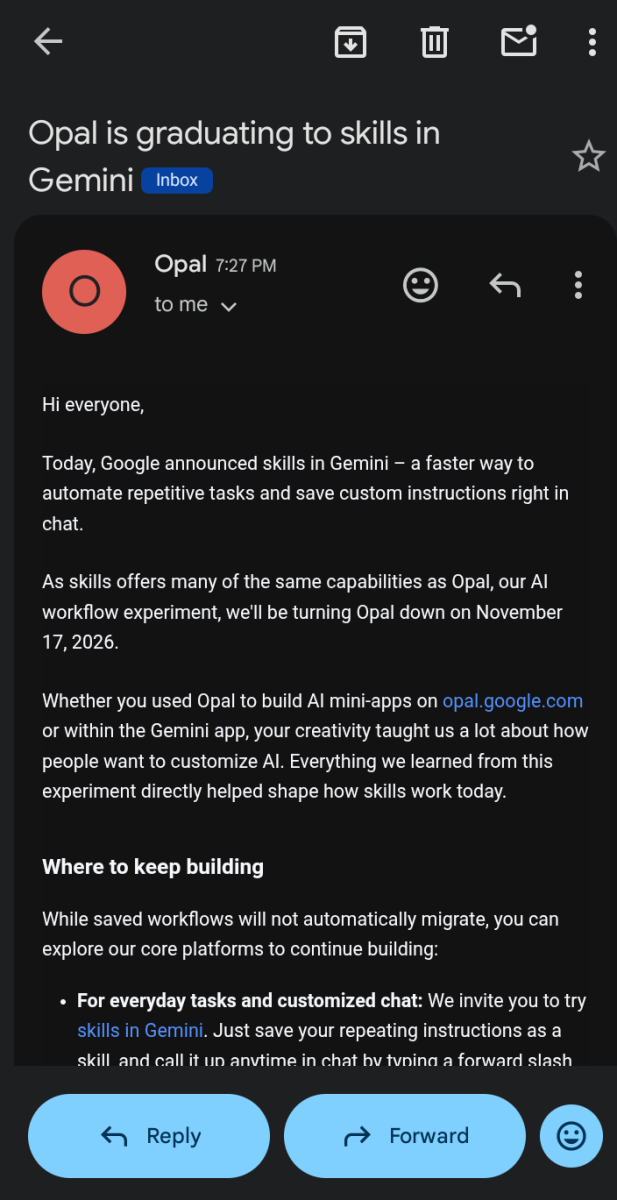 Screenshot of email from Google opal