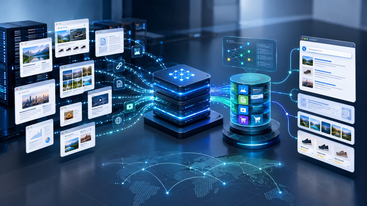 AI web crawler discovering and indexing websites, documents, images and online stores through a connected search infrastructure