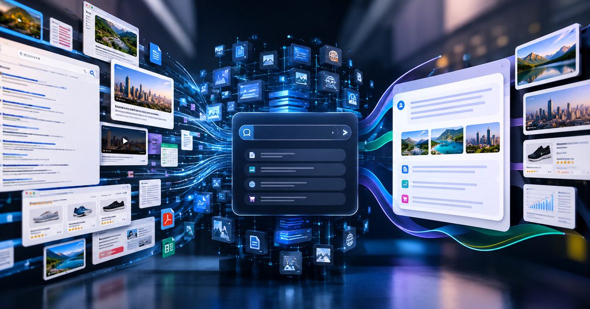 ChatGPT AI search infrastructure connecting websites, documents, news, shopping results and data into a conversational search system
