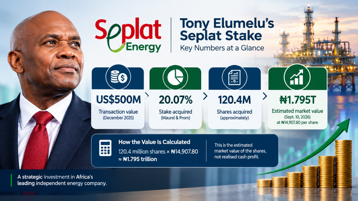 Tony Elumelu Seplat stake value infographic showing 20.07 percent ownership and estimated market value