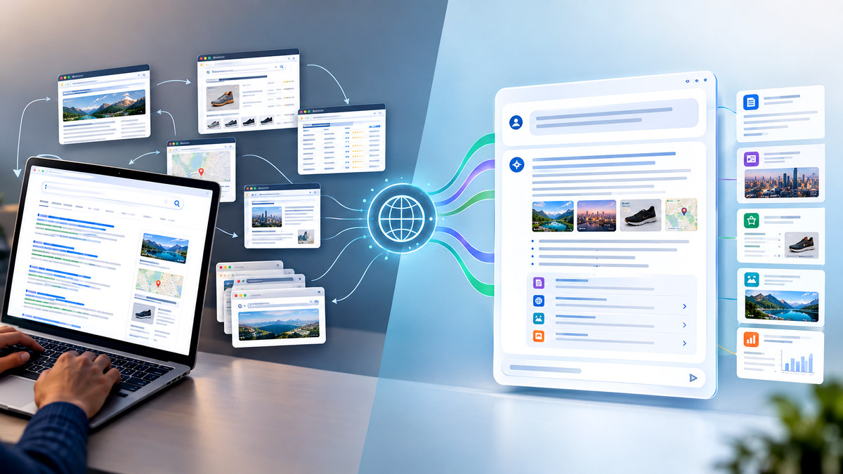 Illustration showing the transition from traditional web search results and multiple websites to an AI-powered conversational search interface