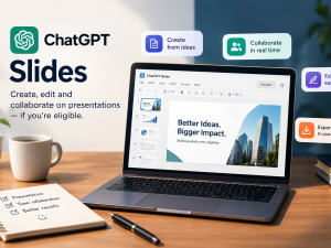 ChatGPT Slides presentation editor displayed on a laptop, highlighting AI-powered slide creation, real-time collaboration, editing, and export features.