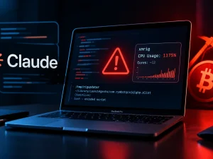 Illustration of a Mac computer with a cybersecurity warning representing a cryptominer discovery