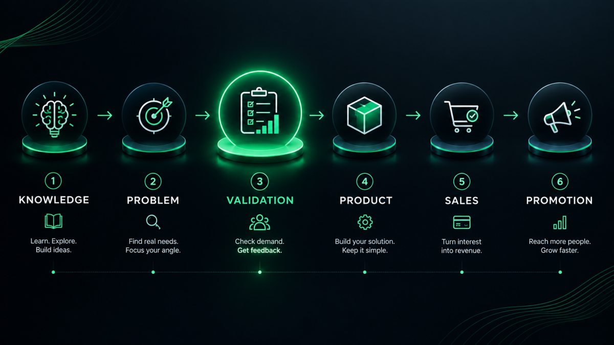 Digital product workflow showing validation between knowledge and product creation