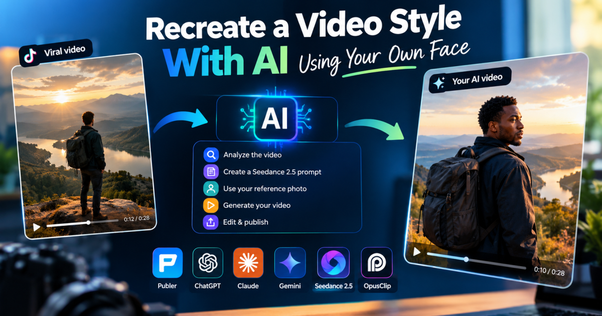 AI video recreation workflow showing a reference video transformed into a new AI-generated video.