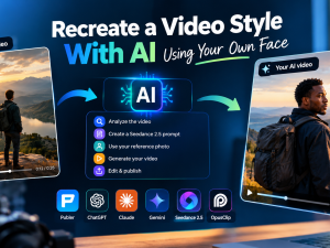 AI video recreation workflow showing a reference video transformed into a new AI-generated video.
