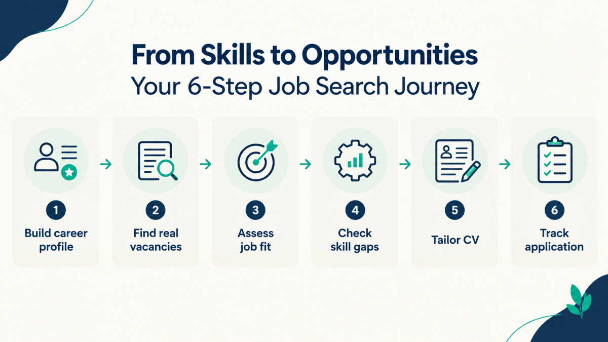 six-step career infographic, illustrating the journey from building a career profile to tracking job applications